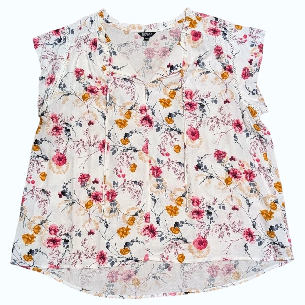 Buffalo David Bitton Womens XL Top Tunic Shirt White Floral Print Flowy Boho
